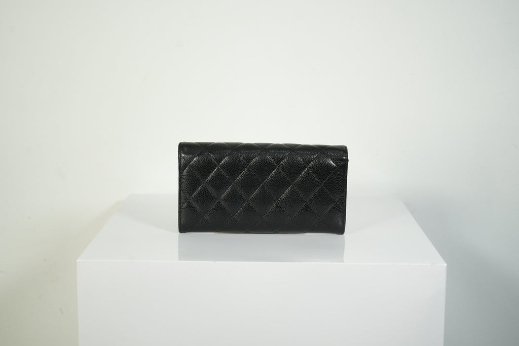 Chanel Classic Flap Long Wallet Black Caviar Leather Silver Hardware