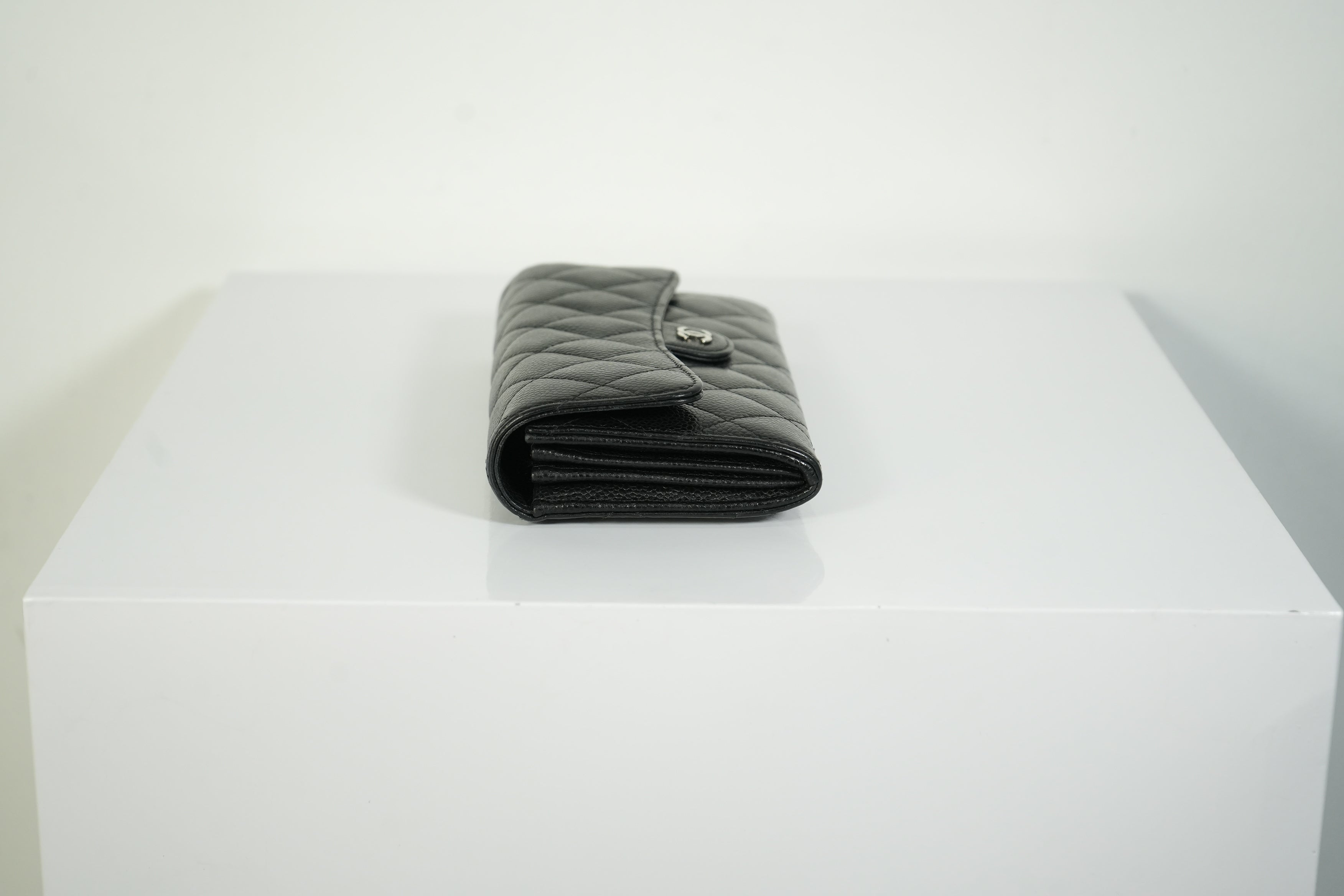 Chanel Classic Flap Long Wallet Black Caviar Leather Silver Hardware