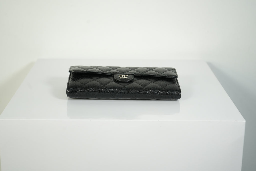 Chanel Classic Flap Long Wallet Black Caviar Leather Silver Hardware