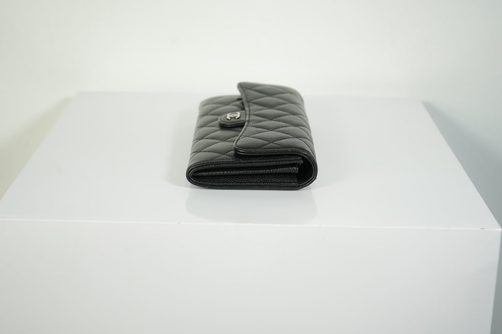 Chanel Classic Flap Long Wallet Black Caviar Leather Silver Hardware