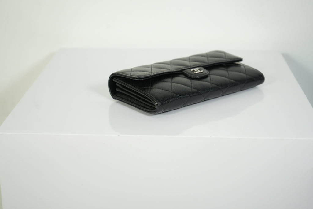 Chanel Classic Flap Long Wallet Black Caviar Leather Silver Hardware