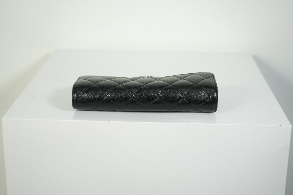 Chanel Classic Flap Long Wallet Black Caviar Leather Silver Hardware
