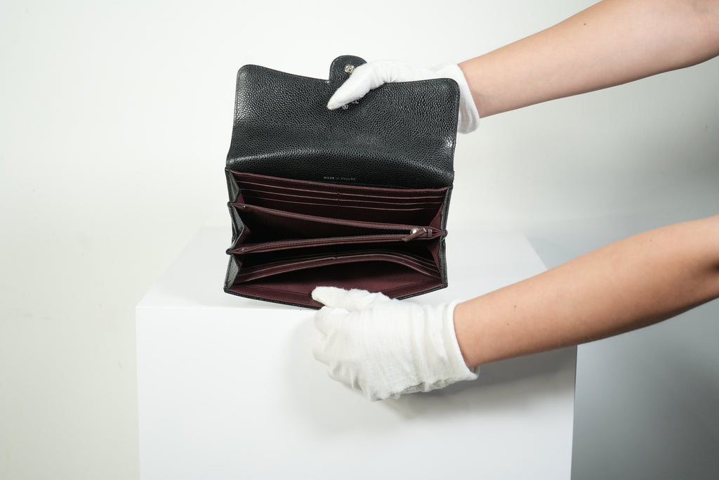 Chanel Classic Flap Long Wallet Black Caviar Leather Silver Hardware