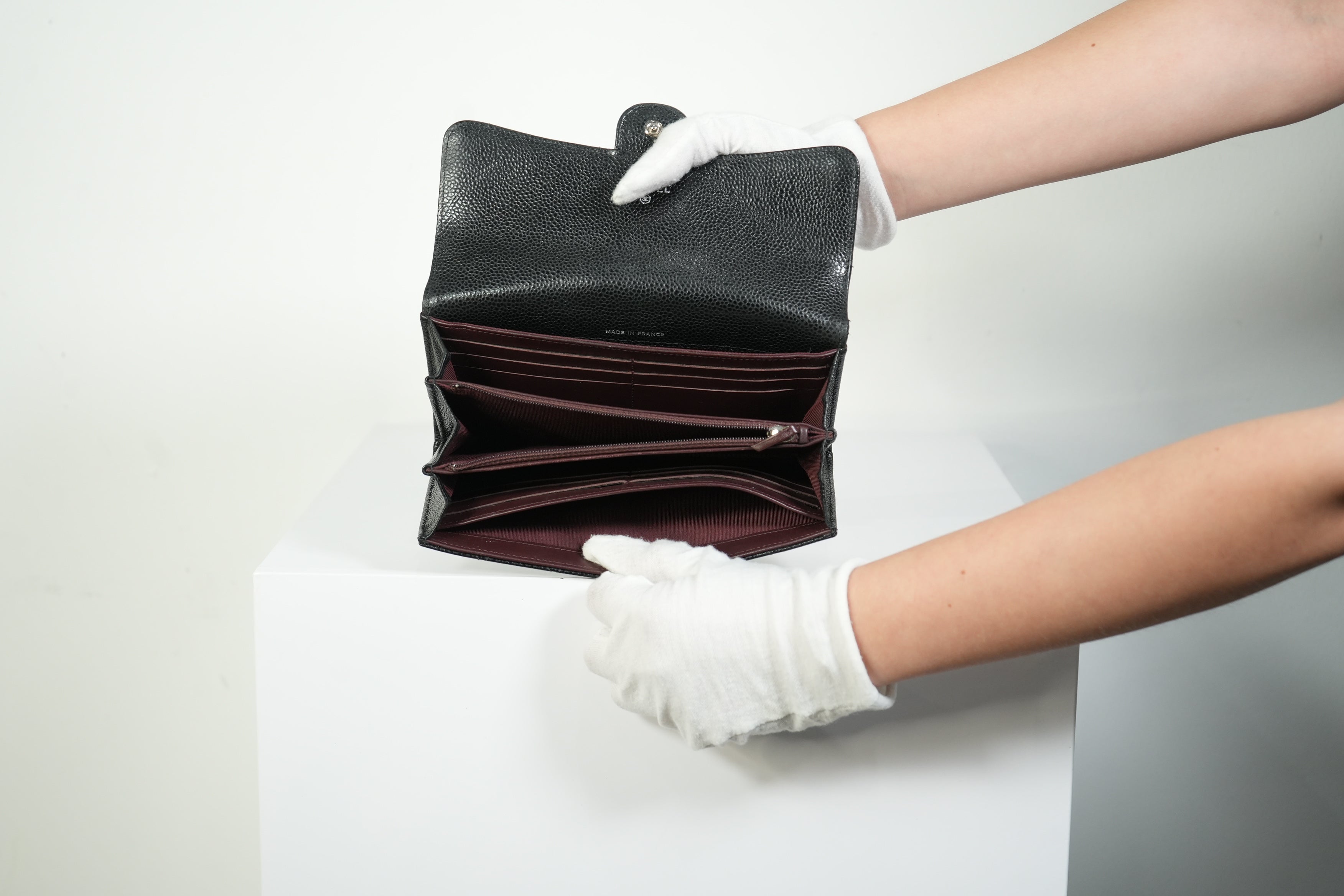 Chanel Classic Flap Long Wallet Black Caviar Leather Silver Hardware