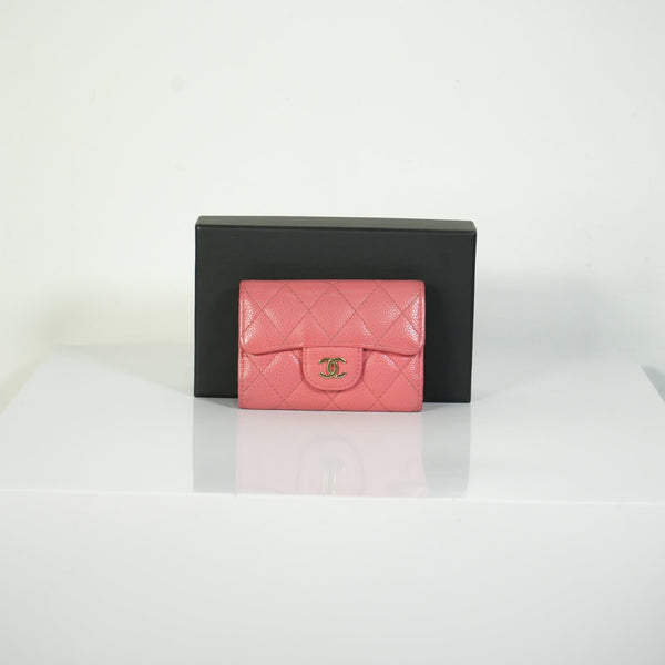 Chanel Classic Small Flap Pink Caviar Leather Keyholder Gold Hardware FULL SET