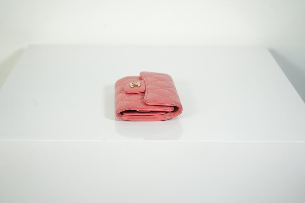 Chanel Classic Small Flap Pink Caviar Leather Keyholder Gold Hardware FULL SET