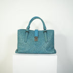Bottega Veneta Roma Tote Intrecciato Woven Leather Handbag Teal Blue