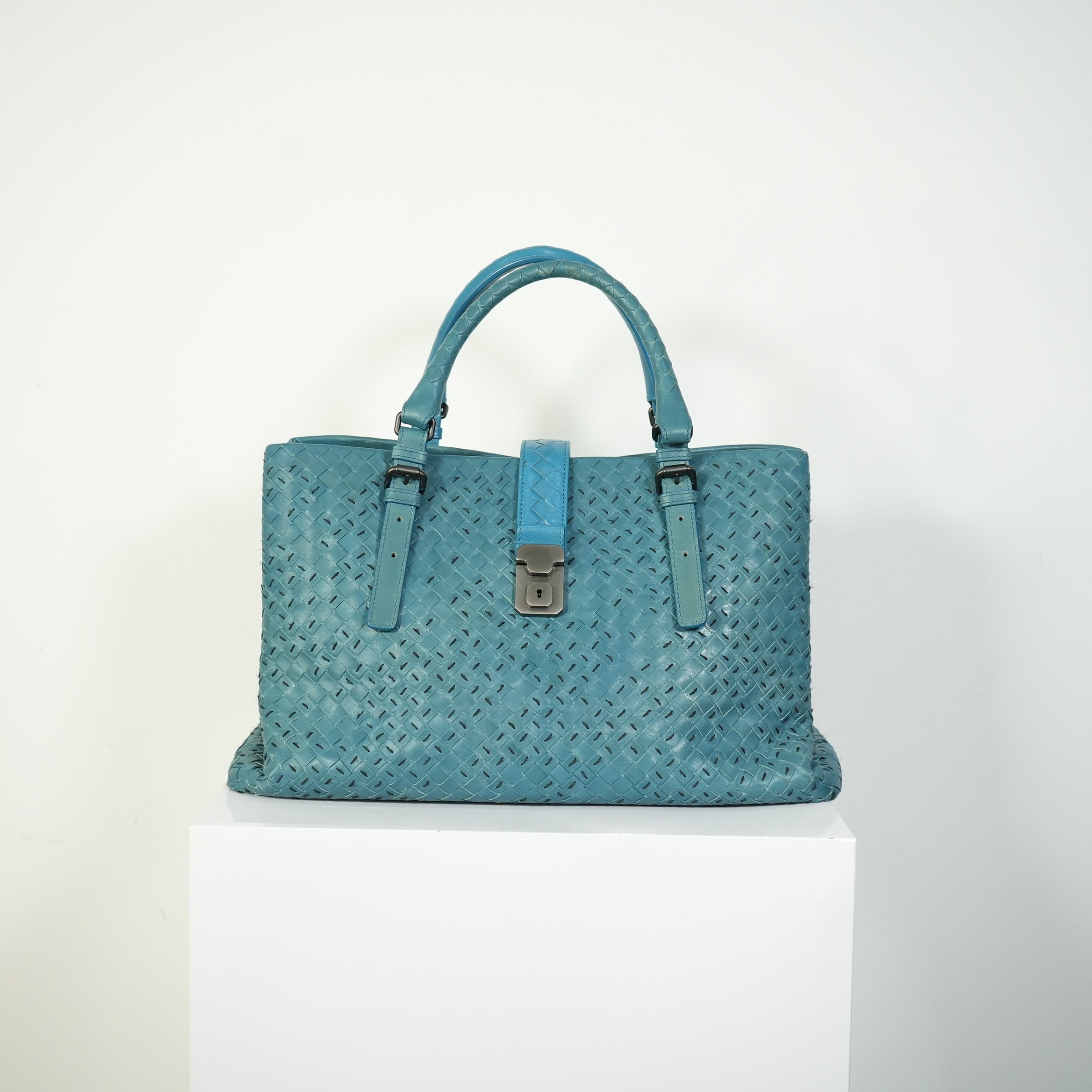 Bottega Veneta Roma Tote Intrecciato Woven Leather Handbag Teal Blue
