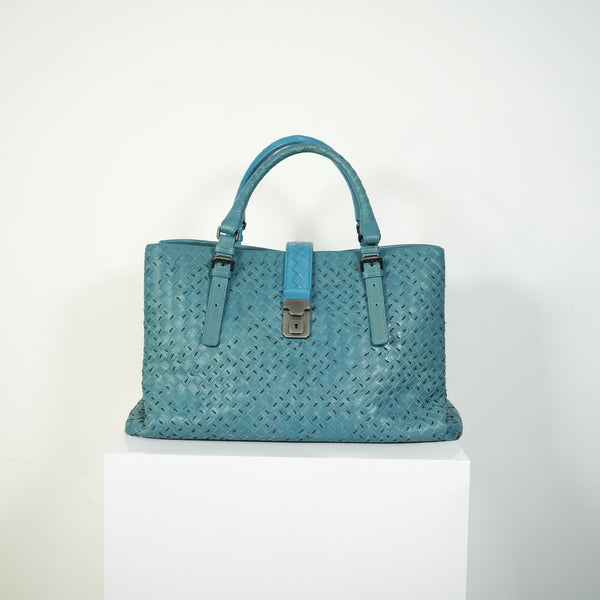 Bottega Veneta Roma Tote Intrecciato Woven Leather Handbag Teal Blue