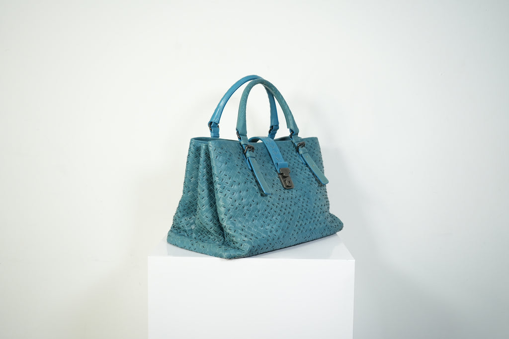 Bottega Veneta Roma Tote Intrecciato Woven Leather Handbag Teal Blue