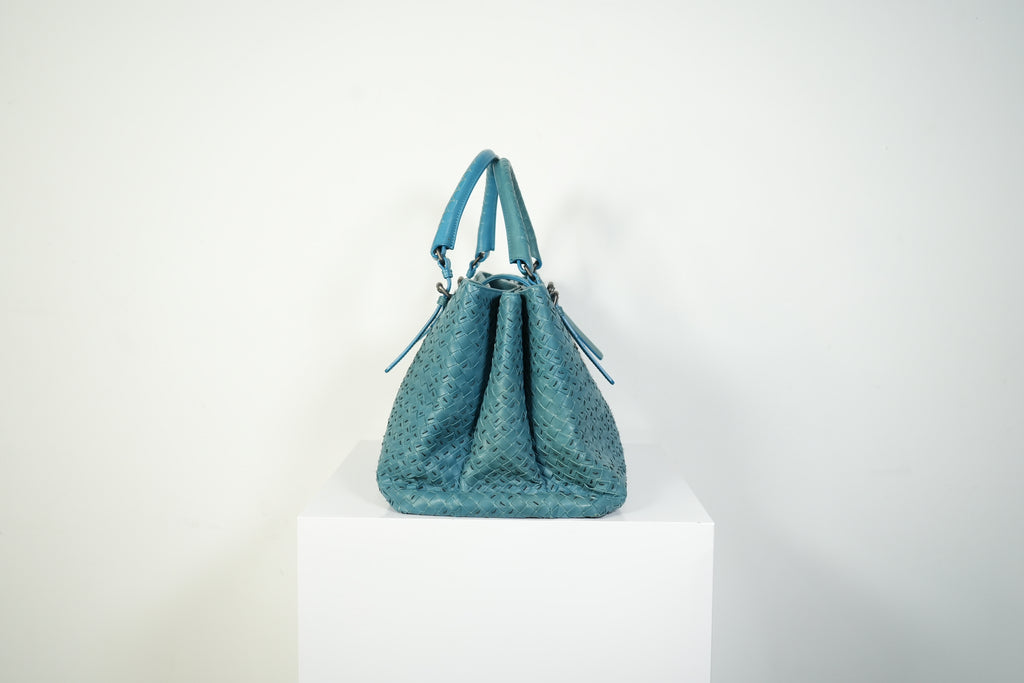Bottega Veneta Roma Tote Intrecciato Woven Leather Handbag Teal Blue