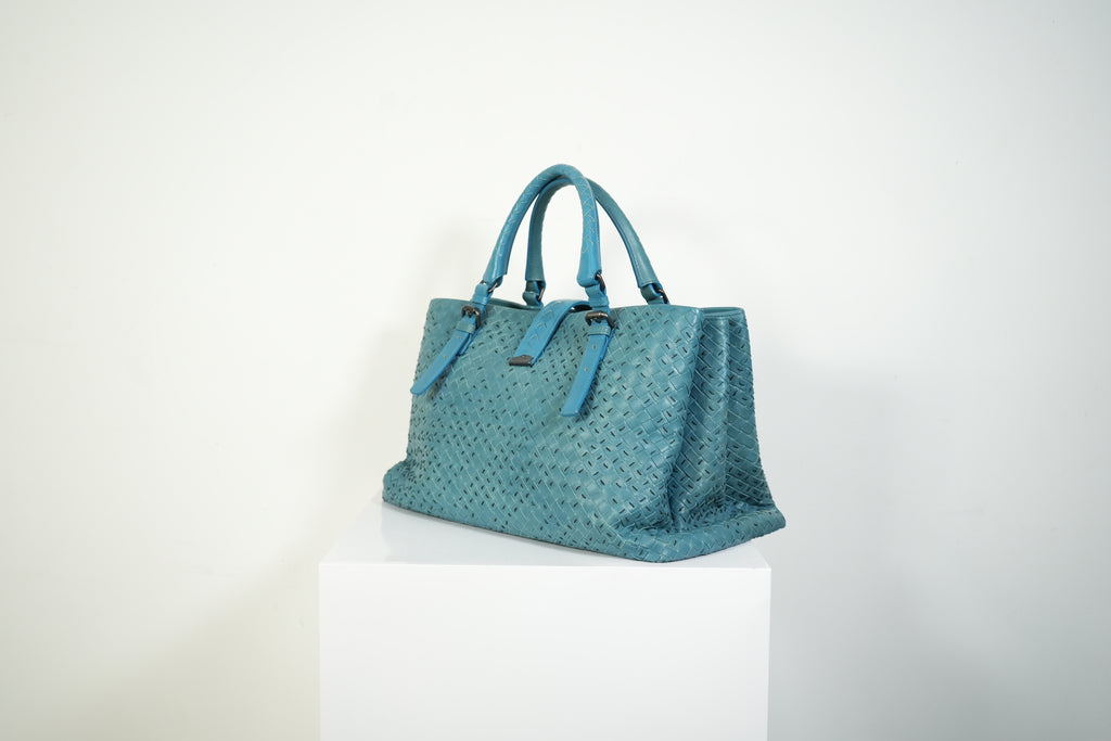 Bottega Veneta Roma Tote Intrecciato Woven Leather Handbag Teal Blue