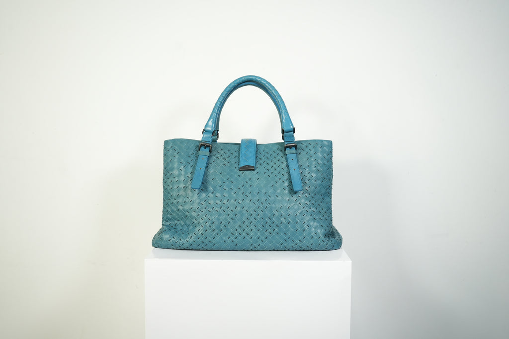 Bottega Veneta Roma Tote Intrecciato Woven Leather Handbag Teal Blue