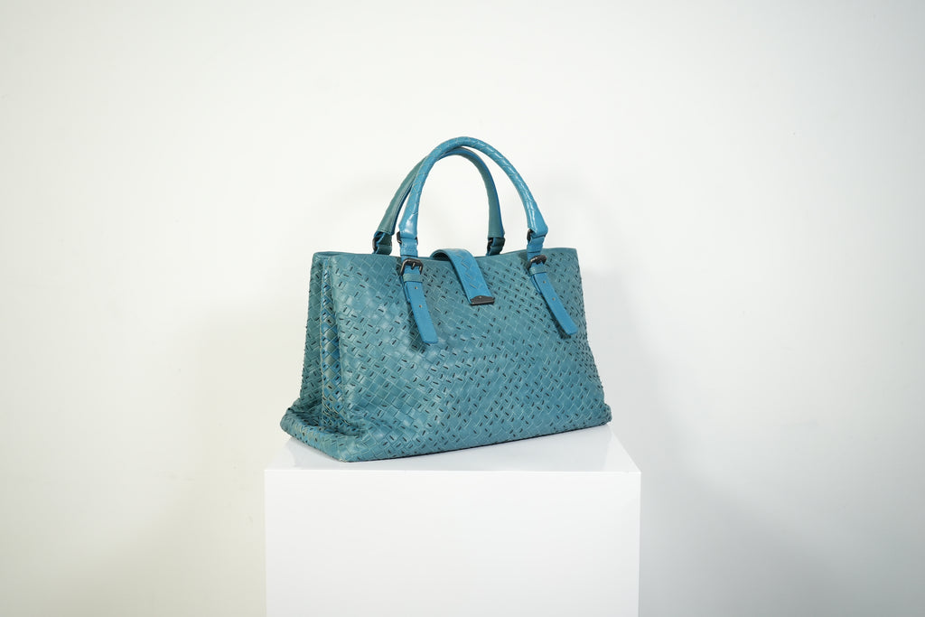 Bottega Veneta Roma Tote Intrecciato Woven Leather Handbag Teal Blue