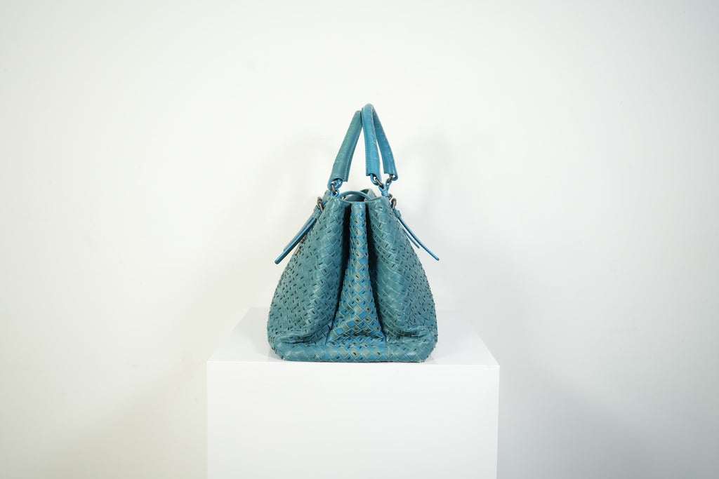 Bottega Veneta Roma Tote Intrecciato Woven Leather Handbag Teal Blue