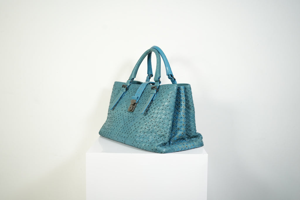 Bottega Veneta Roma Tote Intrecciato Woven Leather Handbag Teal Blue