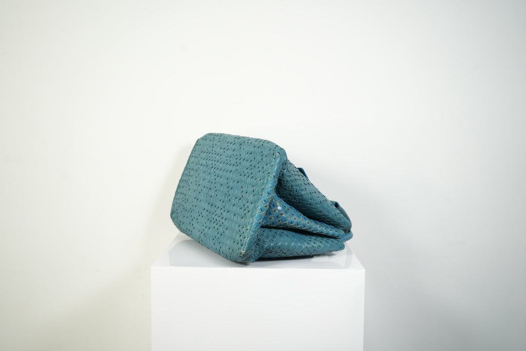 Bottega Veneta Roma Tote Intrecciato Woven Leather Handbag Teal Blue