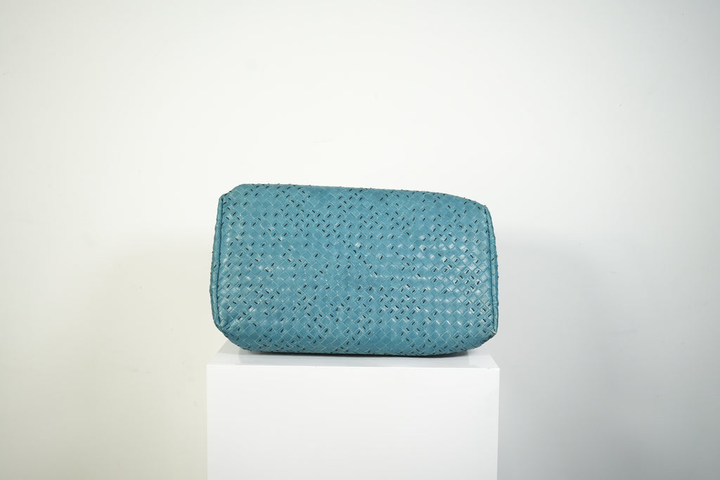 Bottega Veneta Roma Tote Intrecciato Woven Leather Handbag Teal Blue