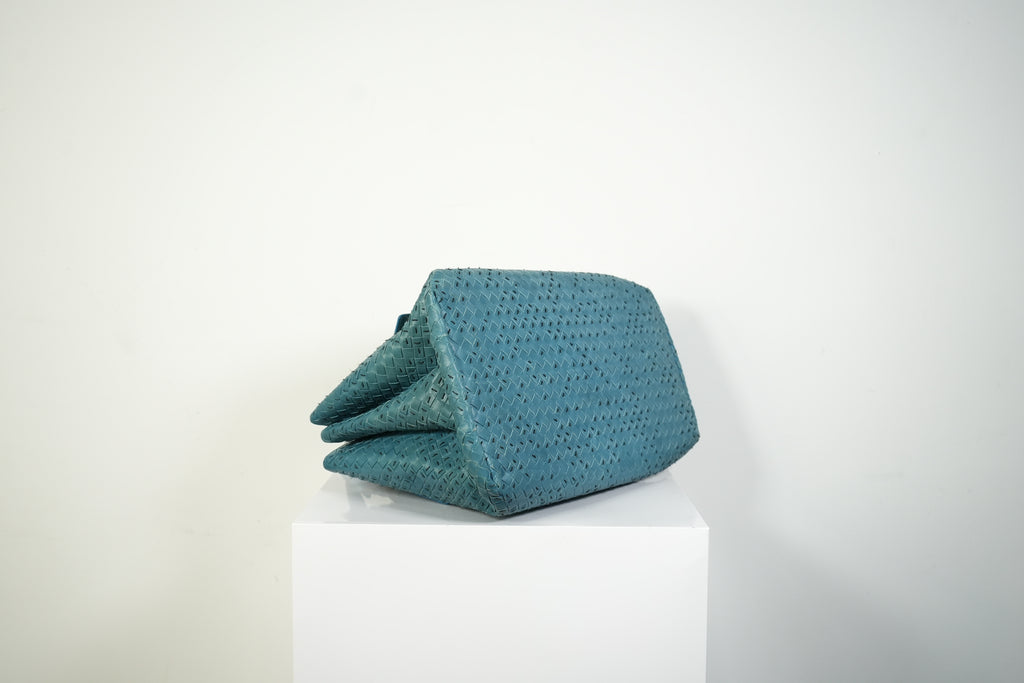 Bottega Veneta Roma Tote Intrecciato Woven Leather Handbag Teal Blue