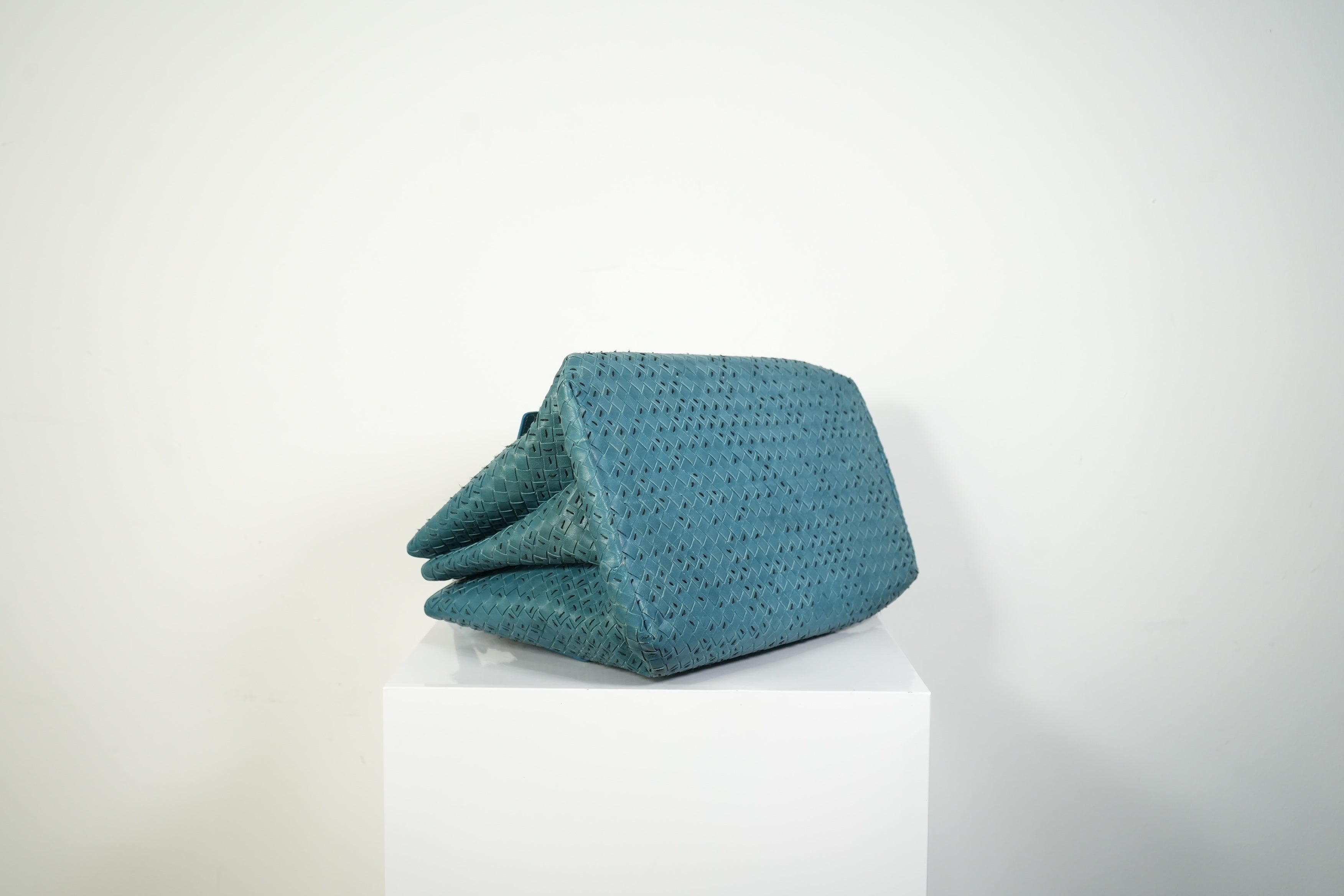 Bottega Veneta Roma Tote Intrecciato Woven Leather Handbag Teal Blue