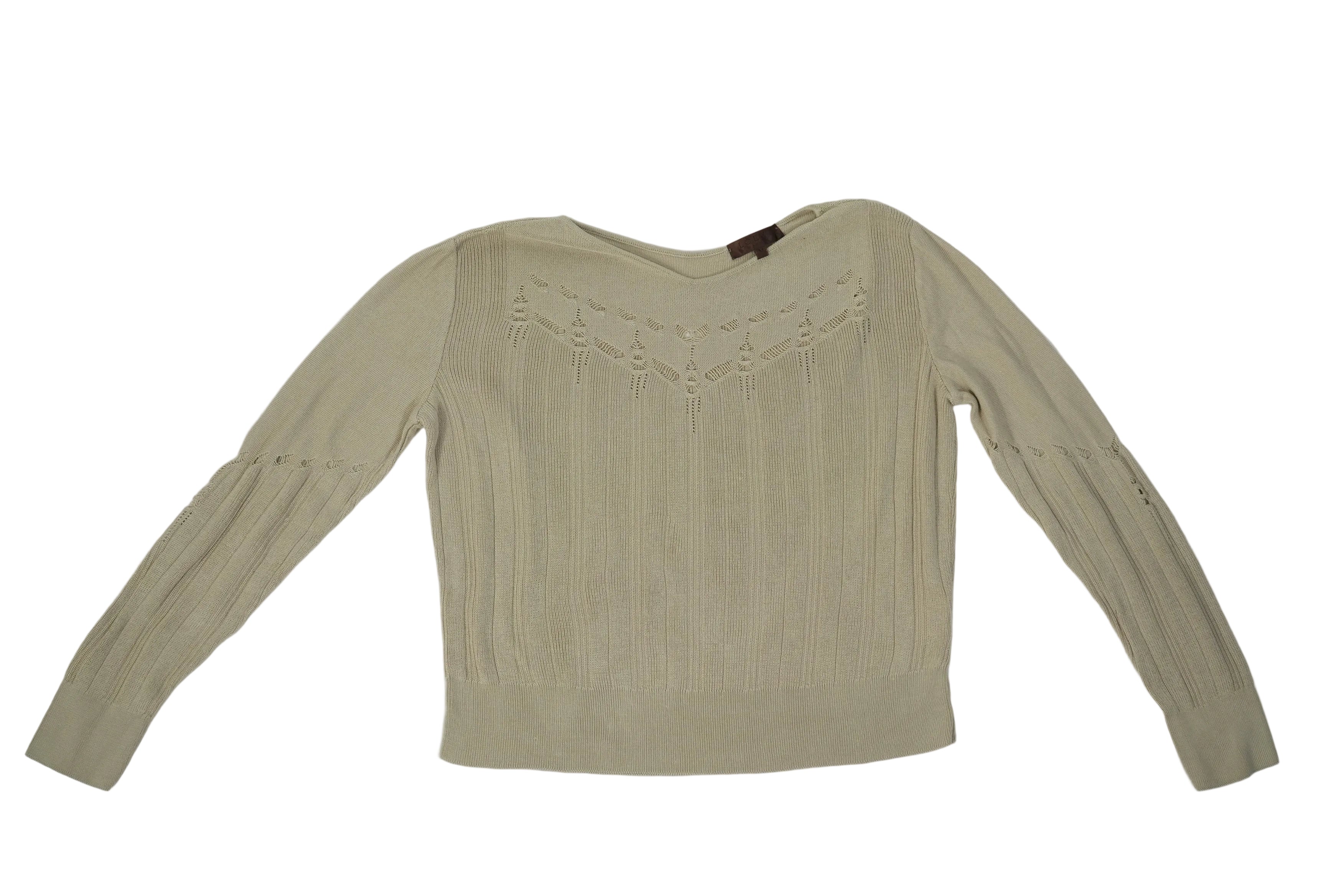 LOEWE Madrid Knit Sweater Beige Tan Pointelle Open Stitch Scoop Neck Womens Size M