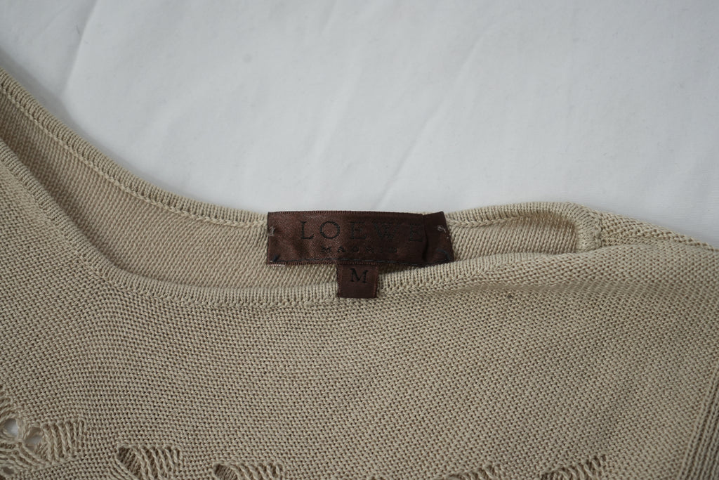 LOEWE Madrid Knit Sweater Beige Tan Pointelle Open Stitch Scoop Neck Womens Size M