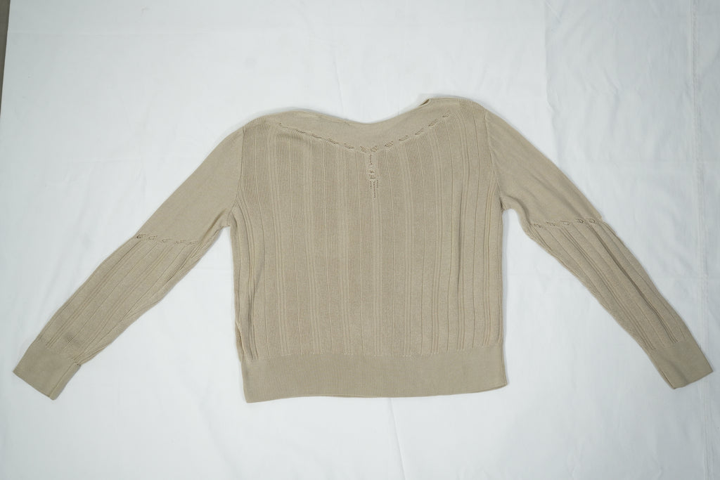 LOEWE Madrid Knit Sweater Beige Tan Pointelle Open Stitch Scoop Neck Womens Size M