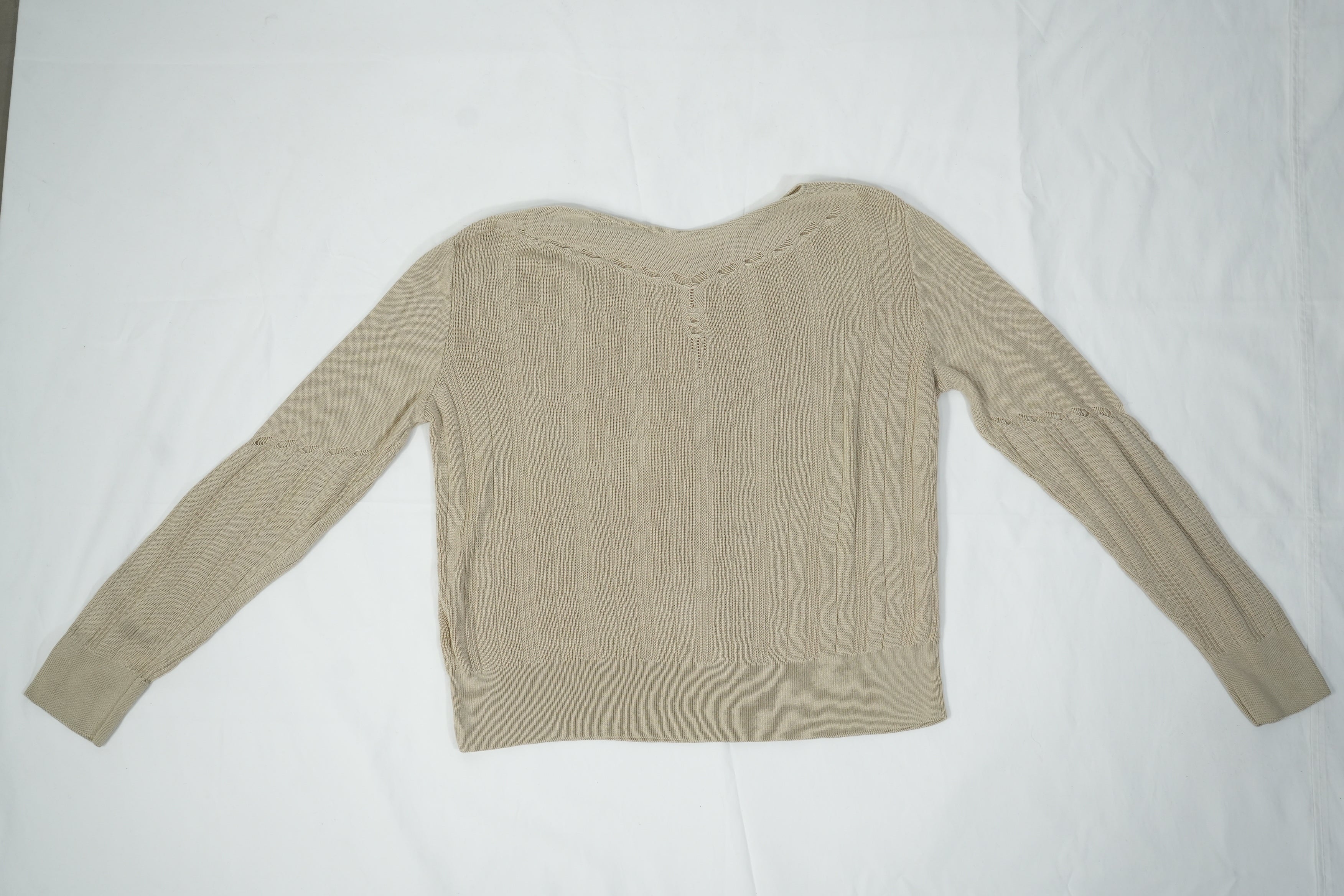 LOEWE Madrid Knit Sweater Beige Tan Pointelle Open Stitch Scoop Neck Womens Size M