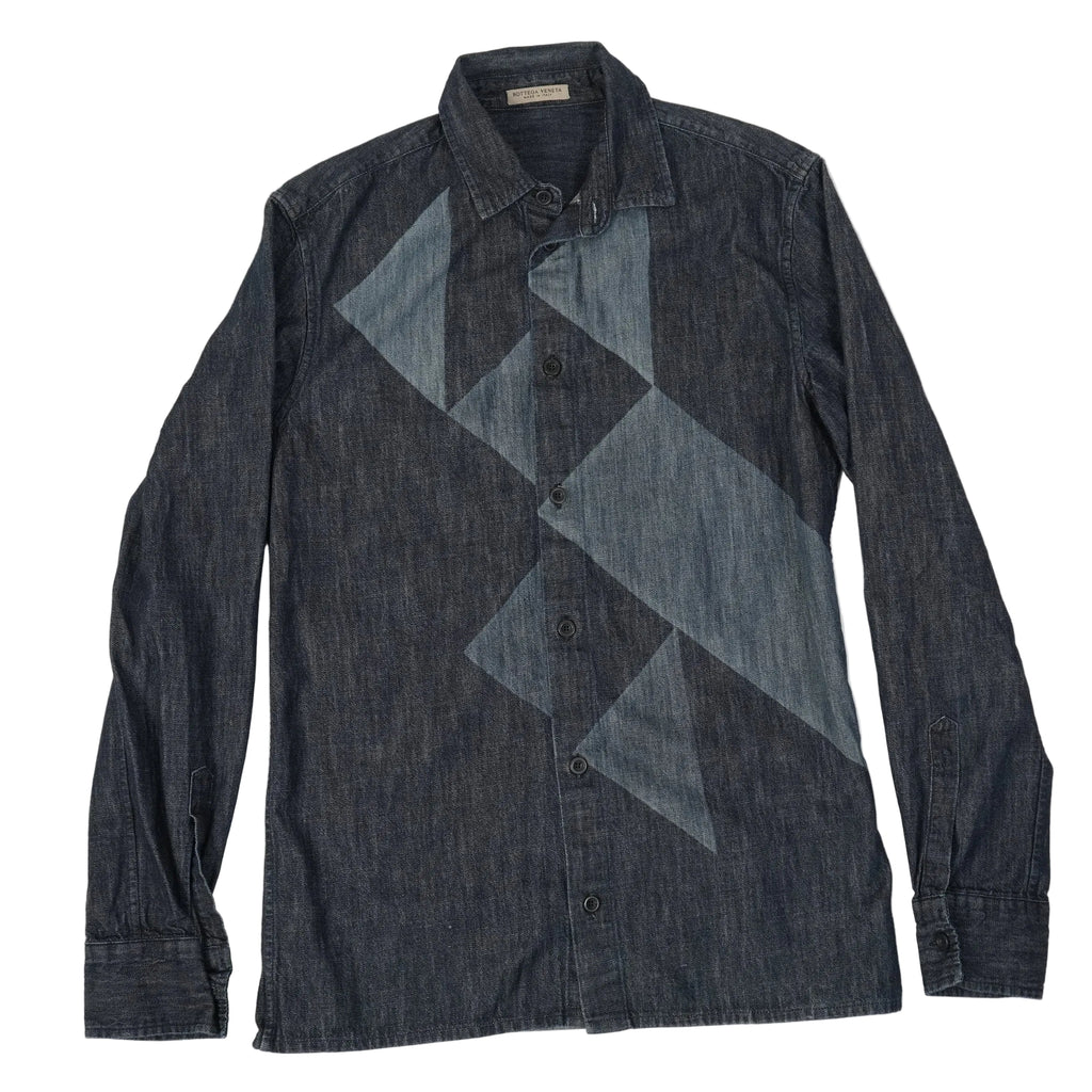 Bottega Veneta Geometric Patchwork Denim Shirt Indigo Blue Long Sleeve