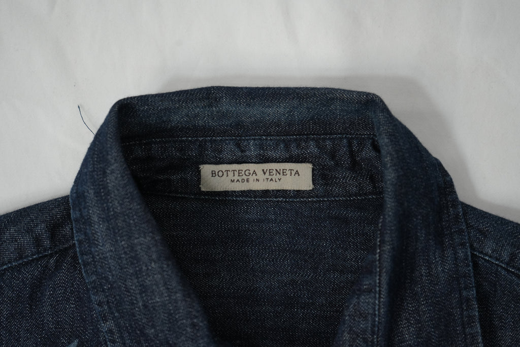 Bottega Veneta Geometric Patchwork Denim Shirt Indigo Blue Long Sleeve