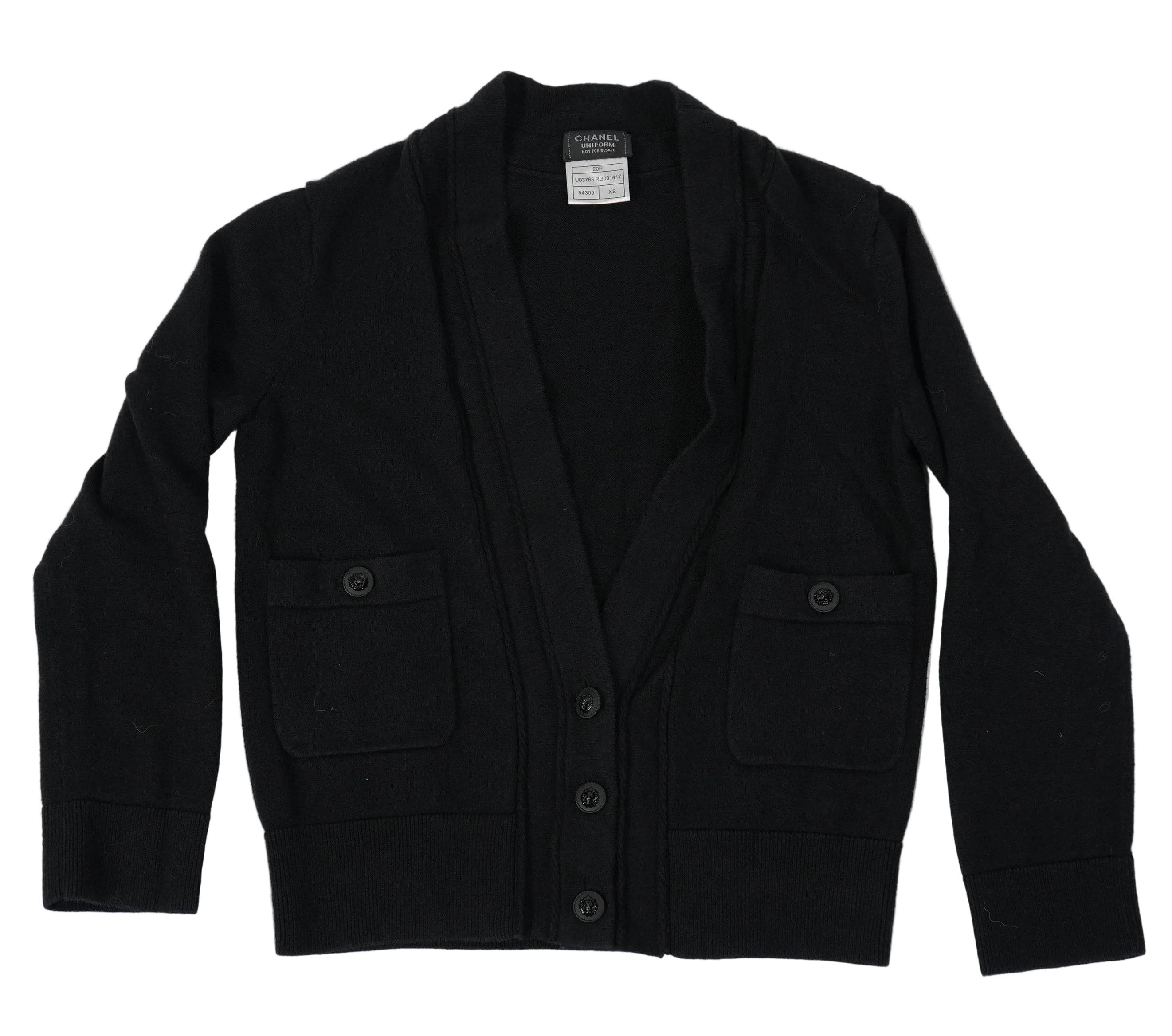 CHANEL Uniform Black Cardigan Sweater V-Neck Button Front Pockets Womens Size XS