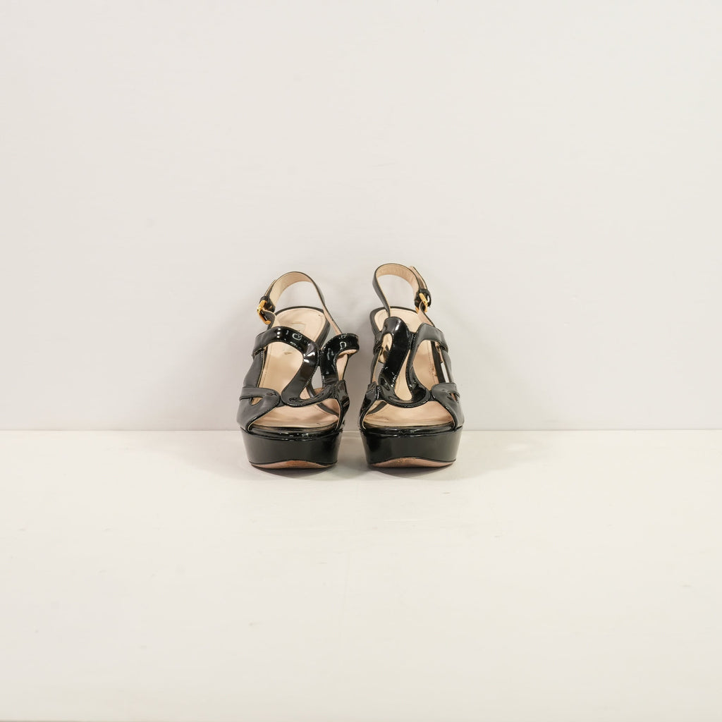 Prada Black Patent Leather Cutout Slingback Platform Heels, 36