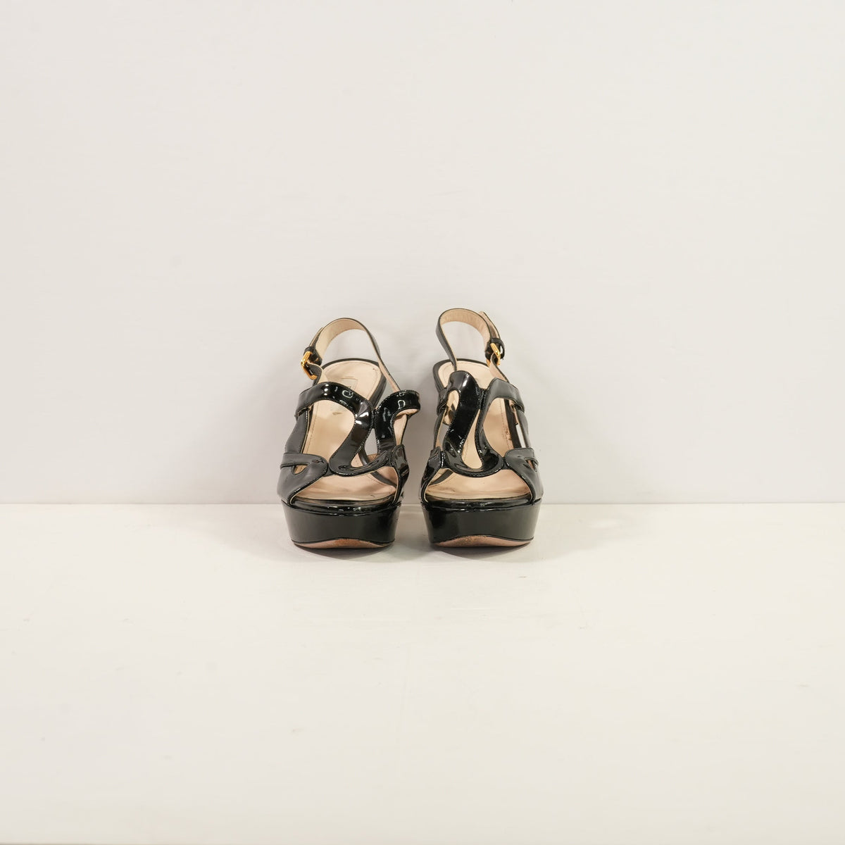 Prada Black Patent Leather Cutout Slingback Platform Heels, 36