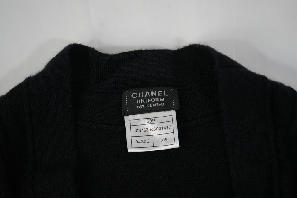 CHANEL Uniform Black Cardigan Sweater V-Neck Button Front Pockets Womens Size XS