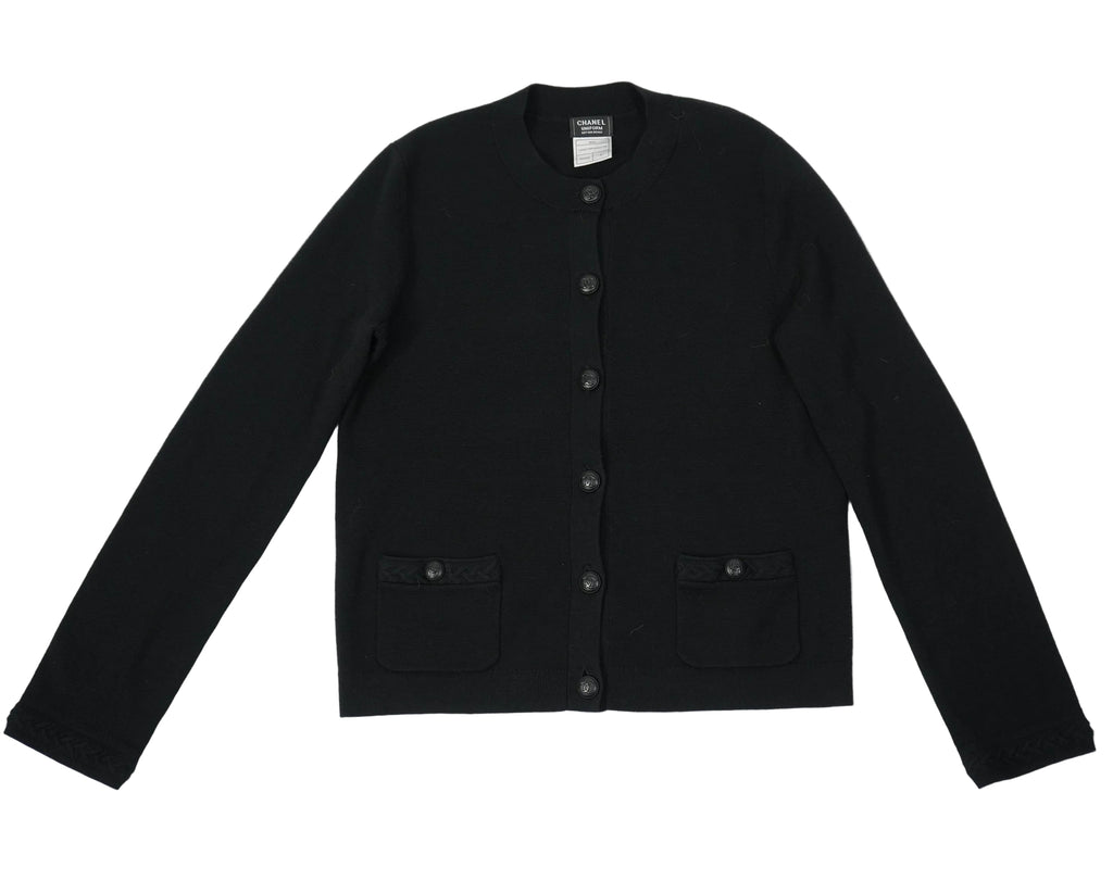 Chanel Uniform Black Cardigan Sweater CC Logo Buttons Knit Womens Size S