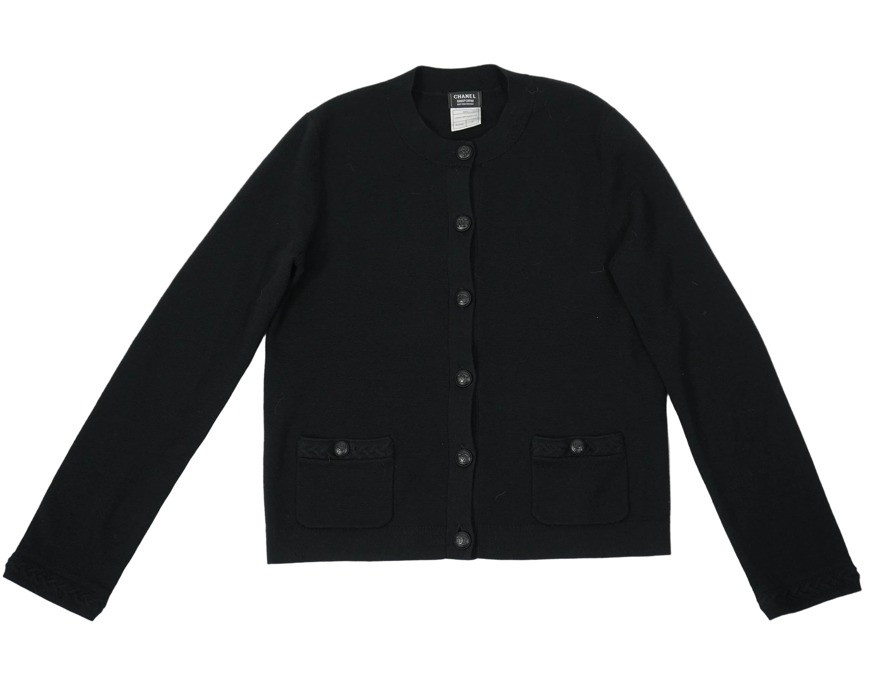 Chanel Uniform Black Cardigan Sweater CC Logo Buttons Knit Womens Size S