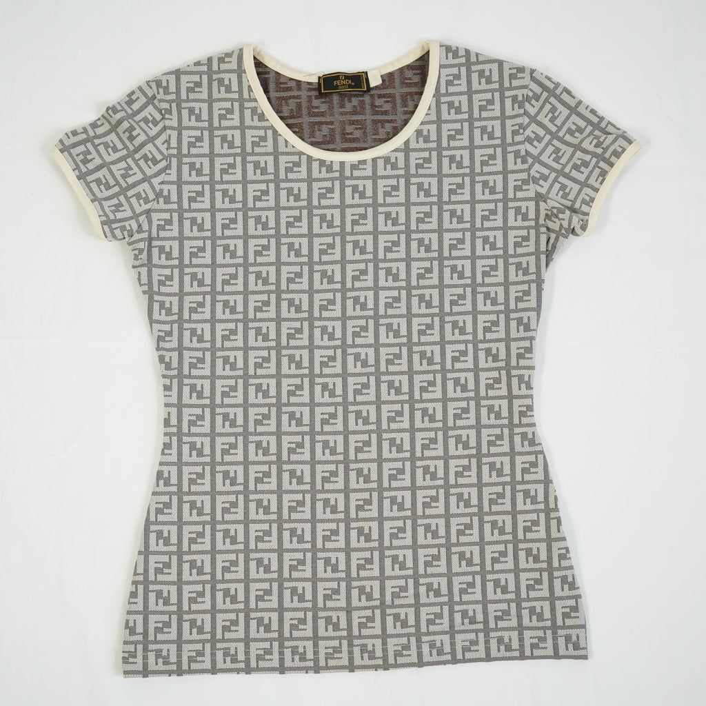 Fendi Zucca Monogram Cream and Grey Logo Shirt Size 42