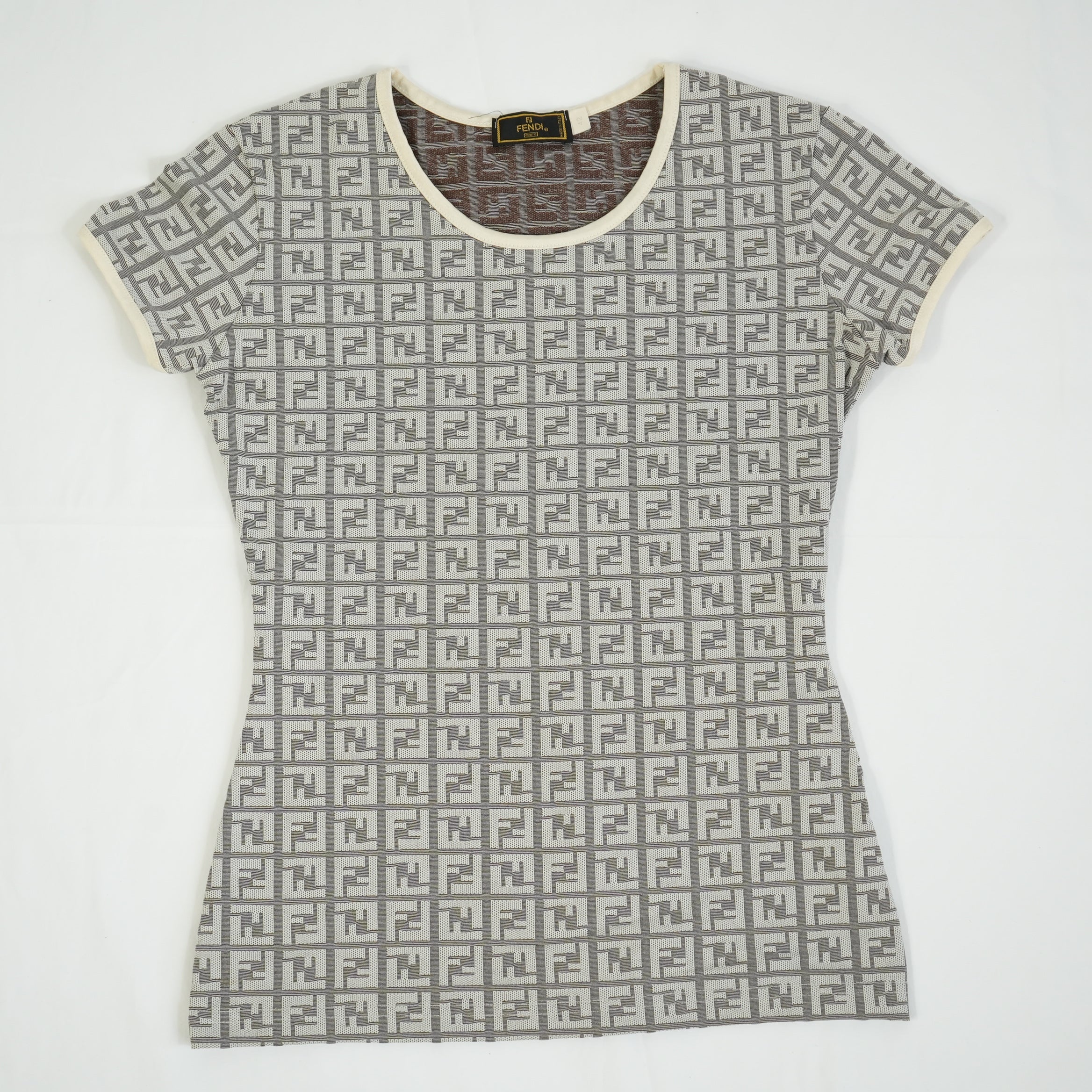 Fendi Zucca Monogram Cream and Grey Logo Shirt Size 42