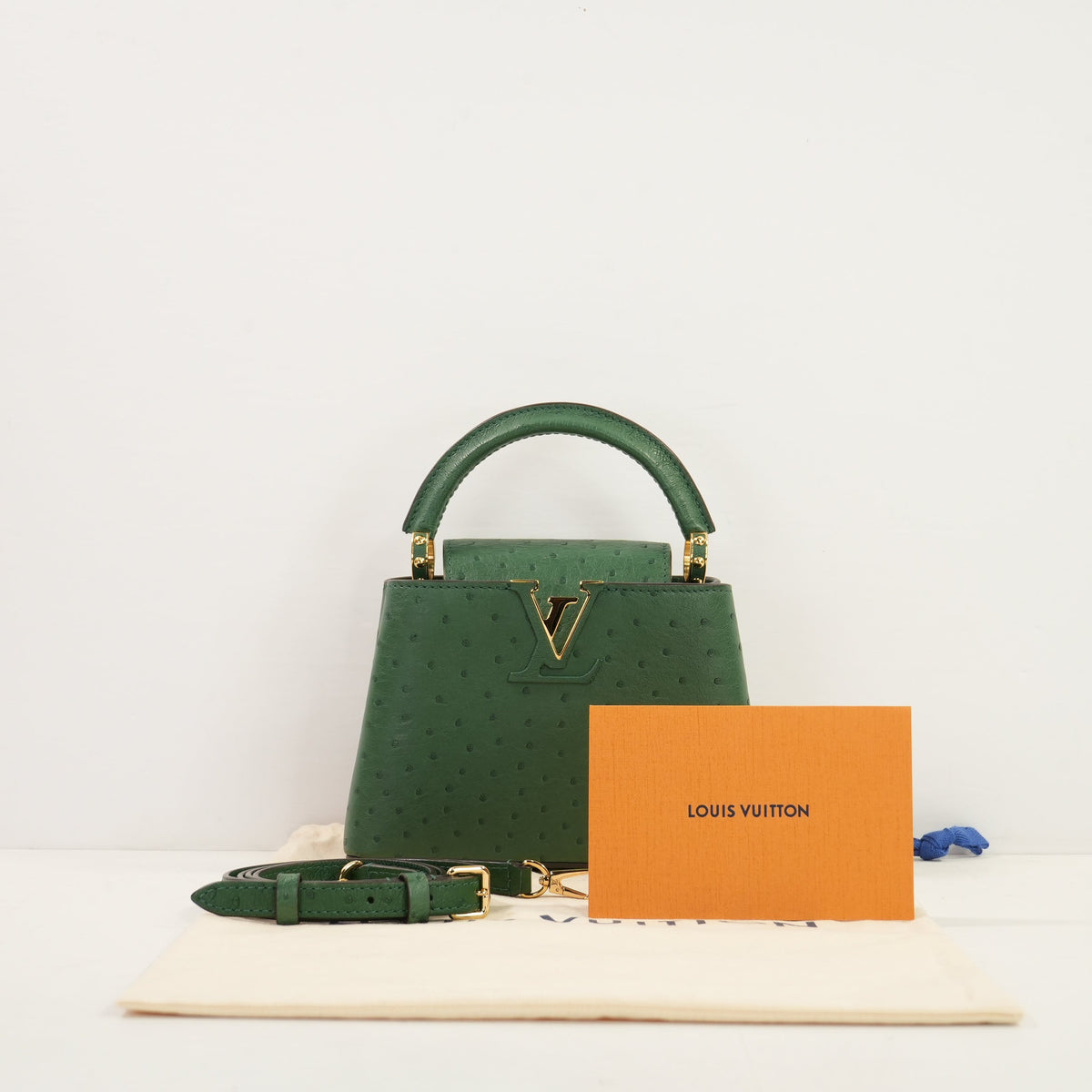 Louis Vuitton Dark Green Capucines Ostrich Mini Handbag W/Dustbag