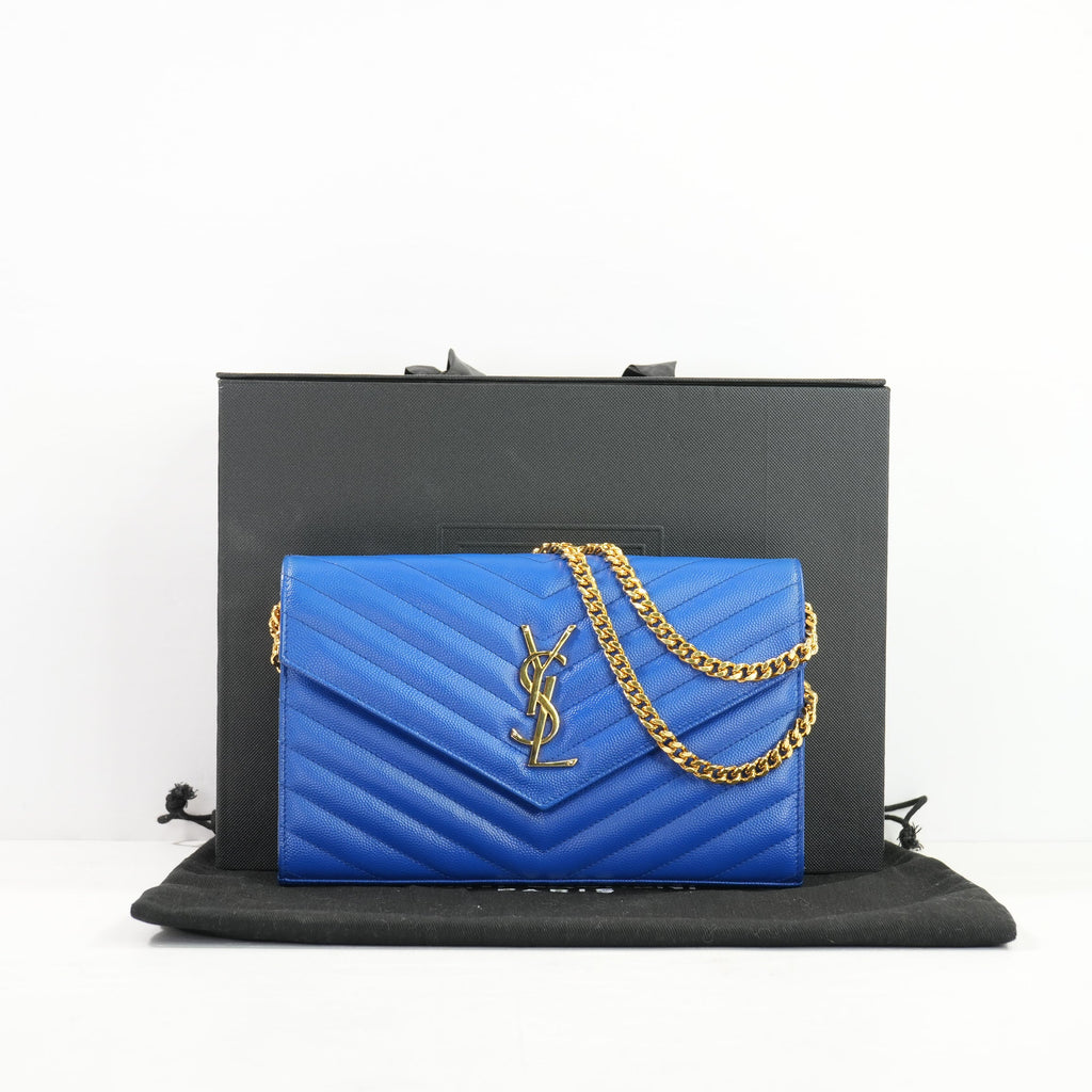 Saint Laurent Royal Blue Cassandre Matelasse Envelope WOC, Full Set
