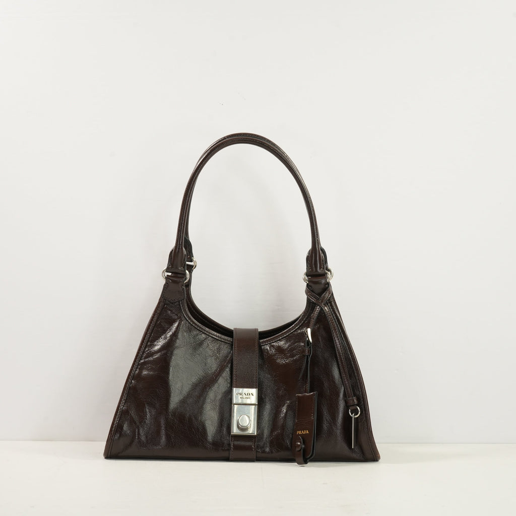 Prada Brown Medium Leather Enameled Metal Triangle Soft Sound Shopping