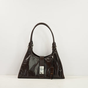 Prada Brown Medium Leather Enameled Metal Triangle Soft Sound Shopping