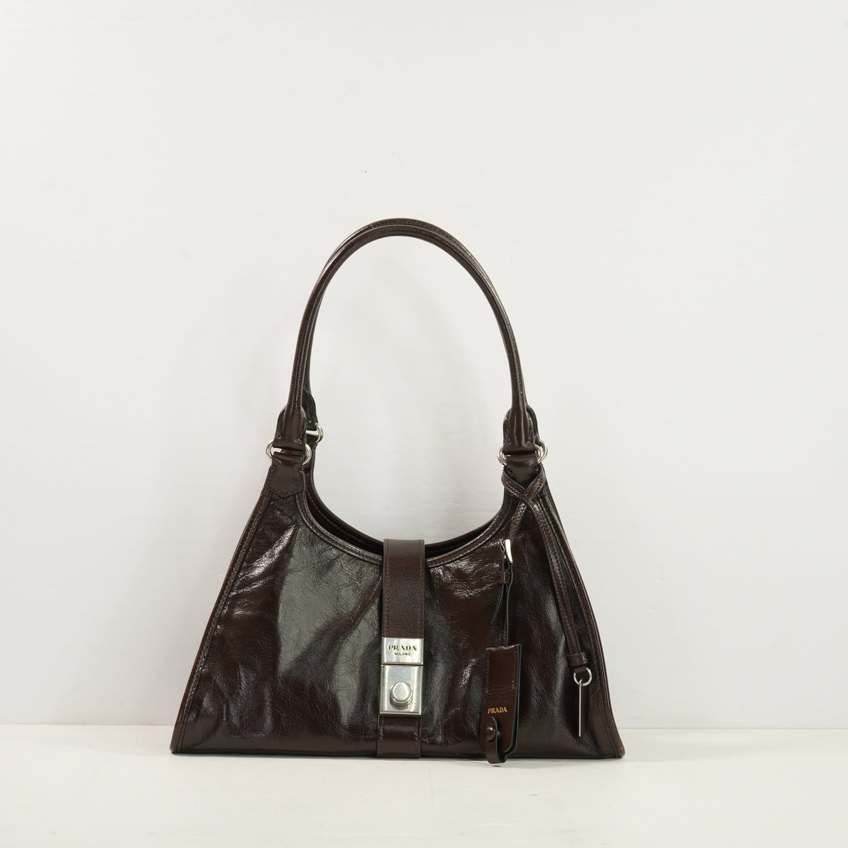 Prada Brown Medium Leather Enameled Metal Triangle Soft Sound Shopping