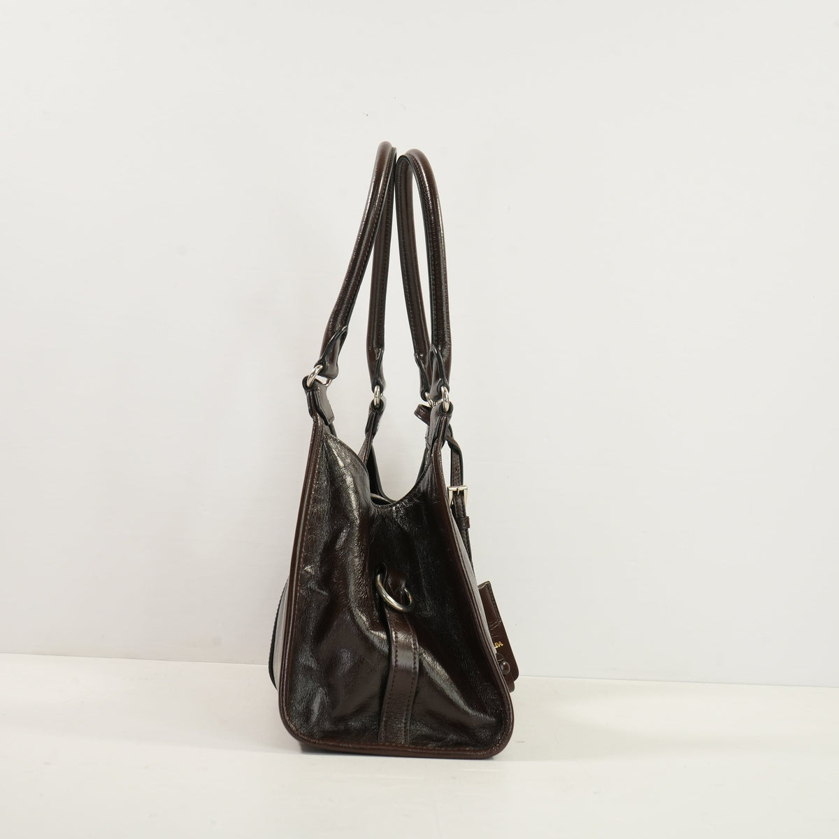 Prada Brown Medium Leather Enameled Metal Triangle Soft Sound Shopping