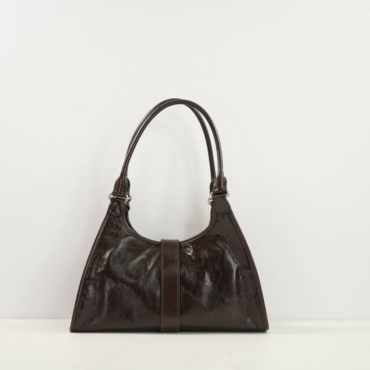 Prada Brown Medium Leather Enameled Metal Triangle Soft Sound Shopping