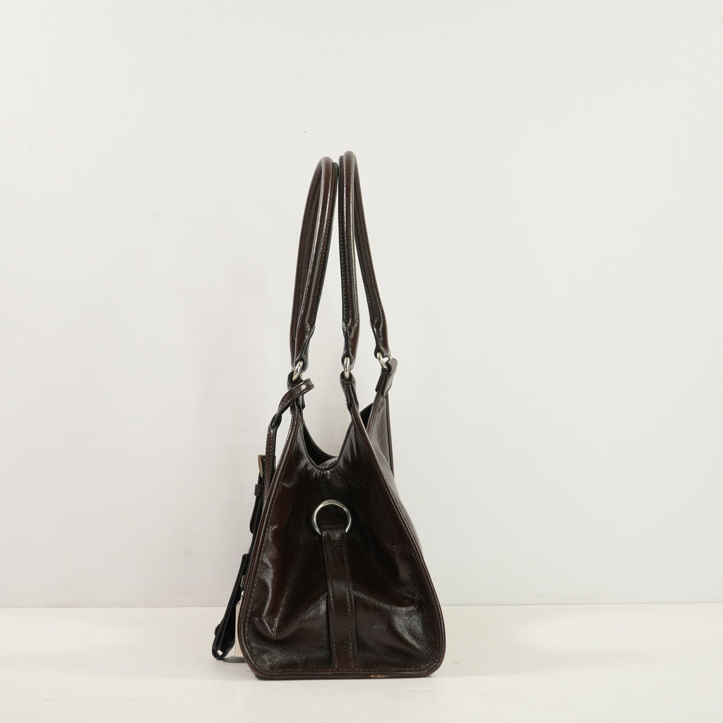 Prada Brown Medium Leather Enameled Metal Triangle Soft Sound Shopping