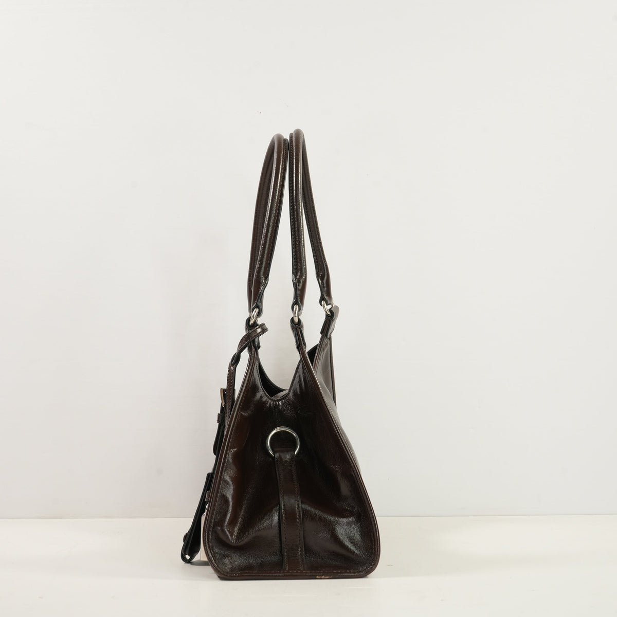 Prada Brown Medium Leather Enameled Metal Triangle Soft Sound Shopping