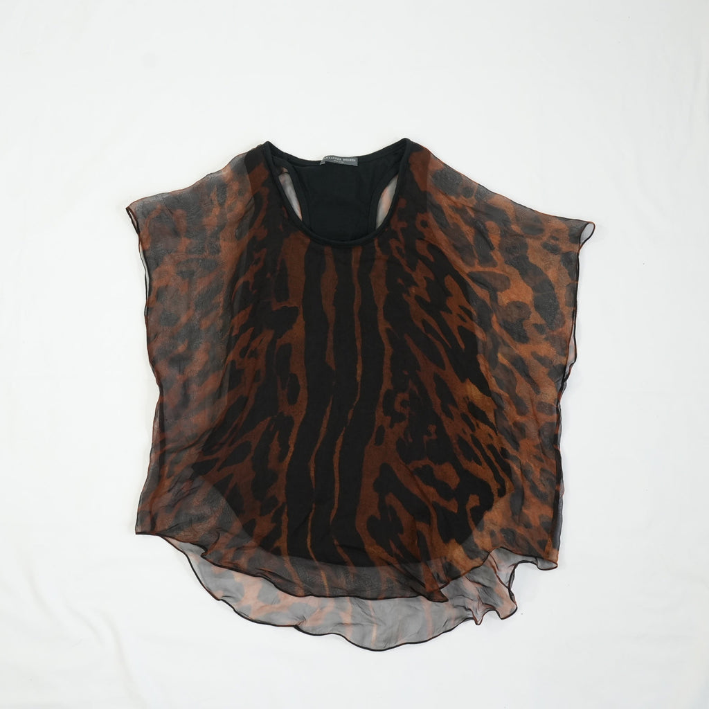 Alexander McQueen Leopard Print Silk Chiffon Flutter Sleeve Racerback Blouse Size 38