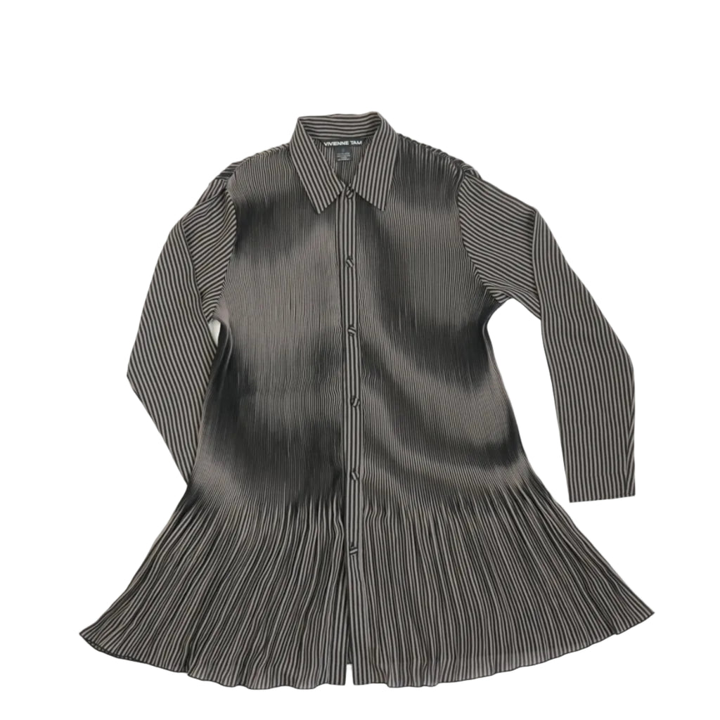 Vivienne Tam Black and White Striped Pleated Button Up Dress Size Extra Small