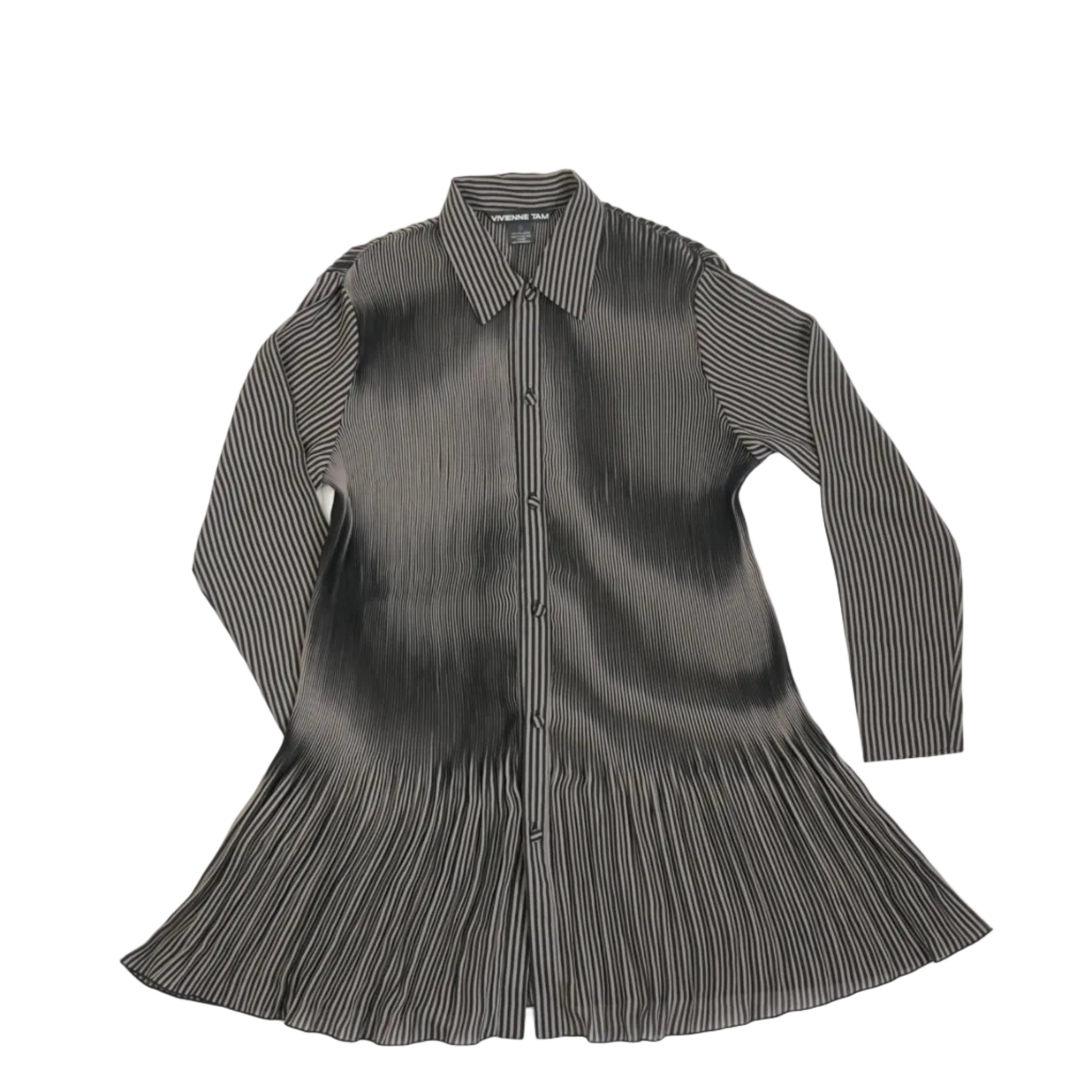 Vivienne Tam Black and White Striped Pleated Button Up Dress Size Extra Small